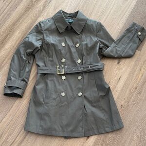 🥰Ralph Lauren Dark sage  Double-Breasted Trench Coat w/ belted waist.Size L.